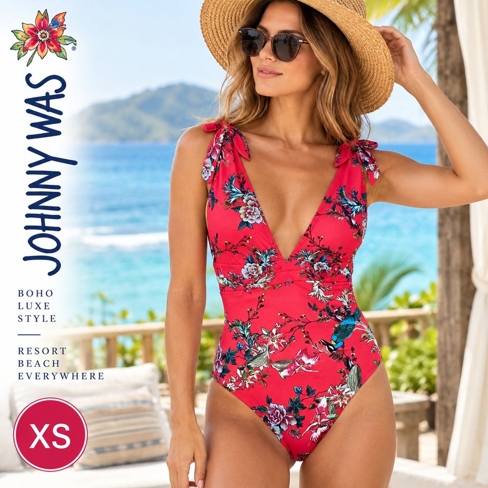 Johnny Was One Piece Swimsuit Womens XS Red Floral Bird Plunge Tie Shoulder